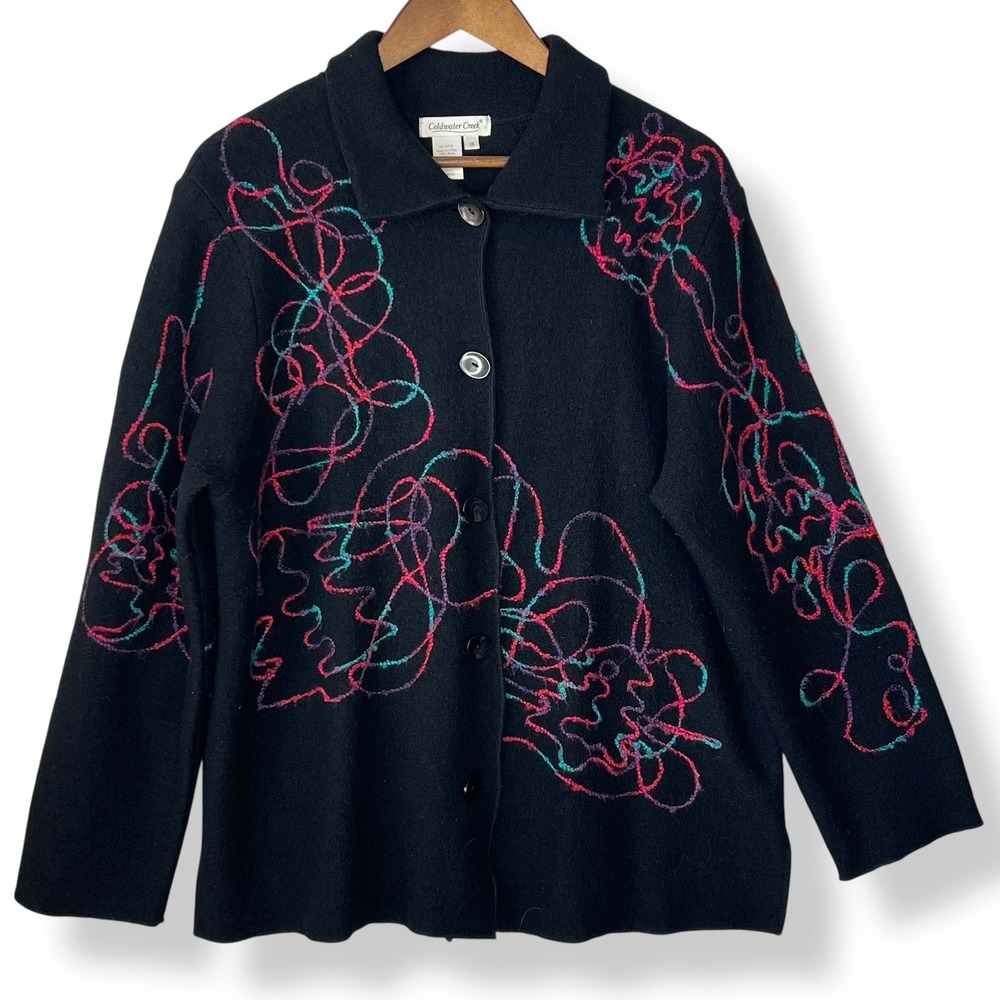 Coldwater Creek‎ 1X Black 100% Wool Embroidered Button Up Jacket Artsy Whimsical